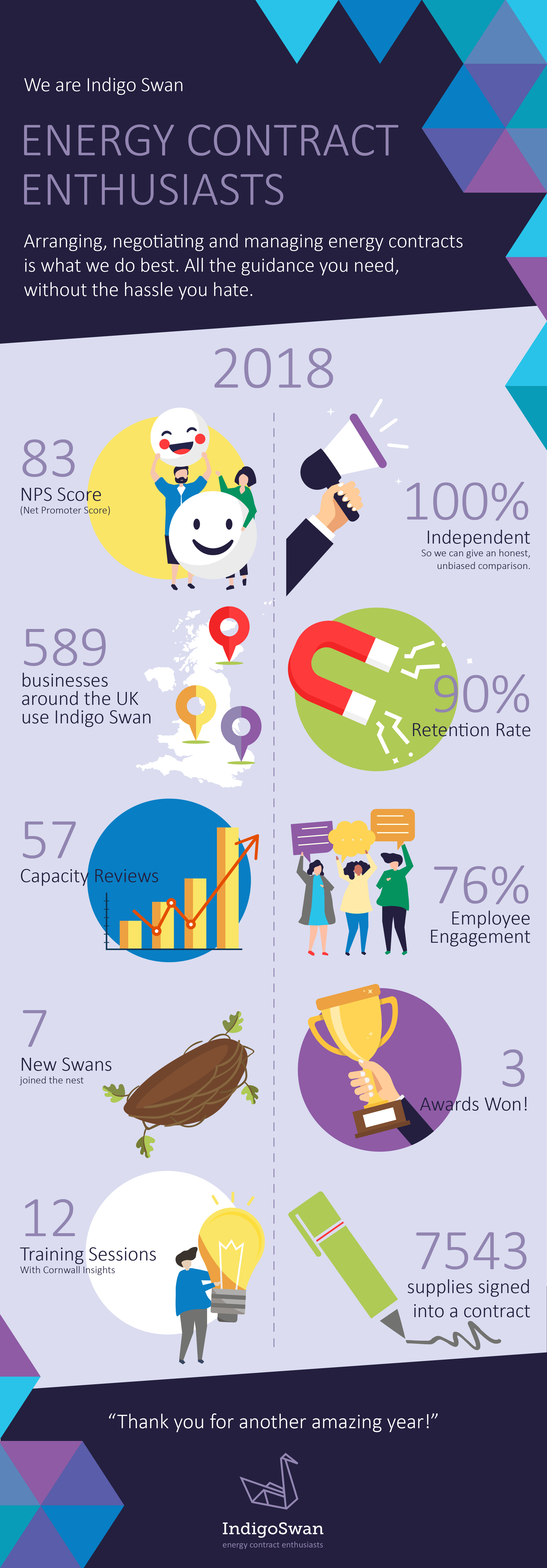 Facts and figures sheet about how well 2018 went for Indigo Swan 