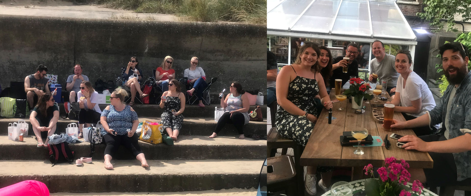 Group of people sitting on the beach and at a table